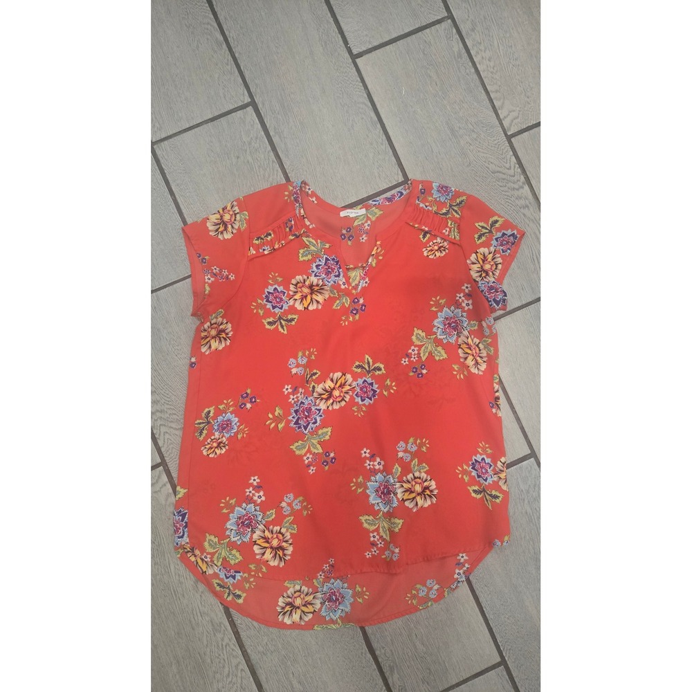 Pleione Womens Orange Floral V-Neck Ruffle Shoulder Blouse Top Medium